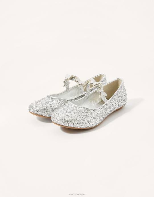 Monsoon بنت أحذية راقصة الباليه المسطحة على شكل فراشة D68H2402 أحذية فضة