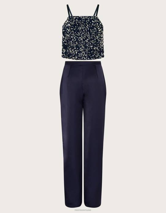 Monsoon بنت طقم من بلوزة إيزابيلا مُزينة بالترتر وبنطلون من الساتان D68H2409 ملابس الأزرق الداكن)