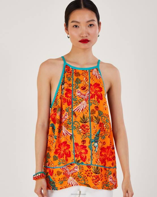 Monsoon نحيف كامي بطبعة النخيل في لينزينج إيكوفيرو D68H241 ملابس البرتقالي