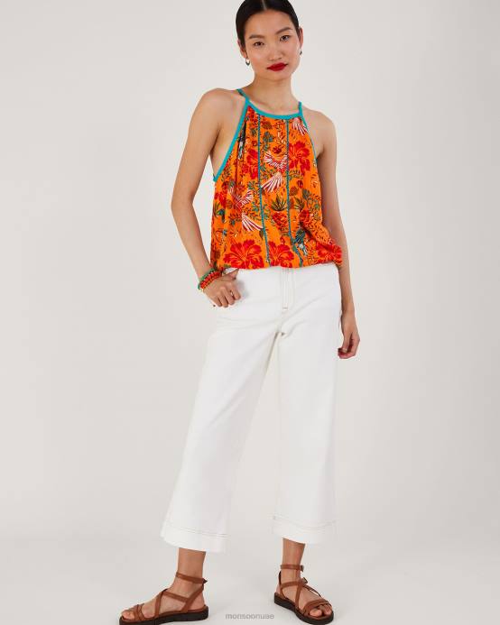 Monsoon نحيف كامي بطبعة النخيل في لينزينج إيكوفيرو D68H241 ملابس البرتقالي