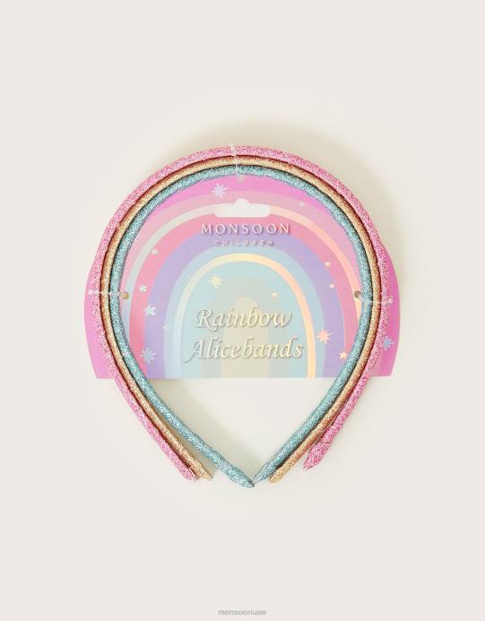 Monsoon بنت مجموعة من ثلاثة عصابات رأس لامعة بألوان قوس قزح D68H2441 ملحق أنيق