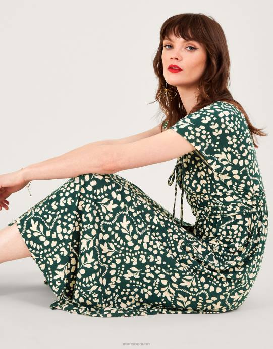 Monsoon نحيف فستان ميدي ملائم ومشرق بطبعات D68H244 ملابس الأخضر (الأخضر الداكن)