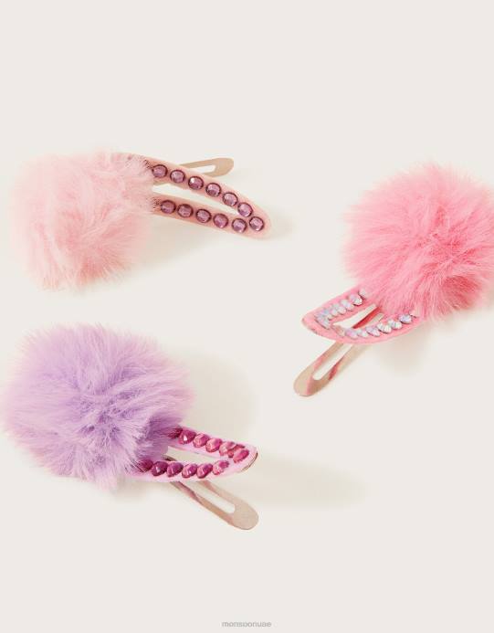 Monsoon بنت مجموعة مشابك شعر صغيرة من الفرو الصناعي مكونة من ثلاثة قطع D68H2519 ملحق حار