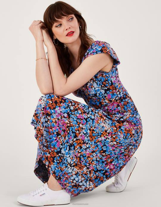 Monsoon نحيف فستان جيرسيه بطبعة زهور وتفاصيل ملتوية D68H255 ملابس الأزرق الداكن)