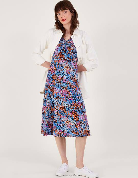 Monsoon نحيف فستان جيرسيه بطبعة زهور وتفاصيل ملتوية D68H255 ملابس الأزرق الداكن)