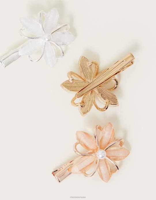 Monsoon بنت مجموعة مشابك شعر على شكل زهرة من ثلاث قطع D68H2583 ملحق أنيق