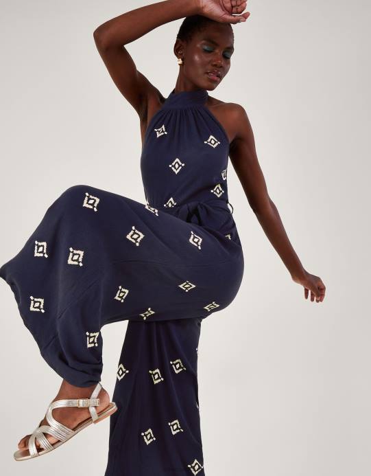 Monsoon نحيف بذلة مطرزة عزر الرسن الرقبة D68H259 ملابس أزرق