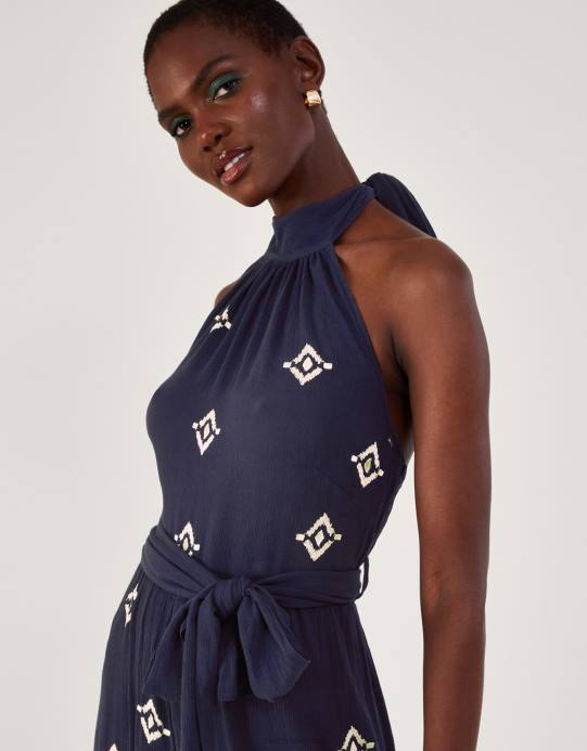 Monsoon نحيف بذلة مطرزة عزر الرسن الرقبة D68H259 ملابس أزرق