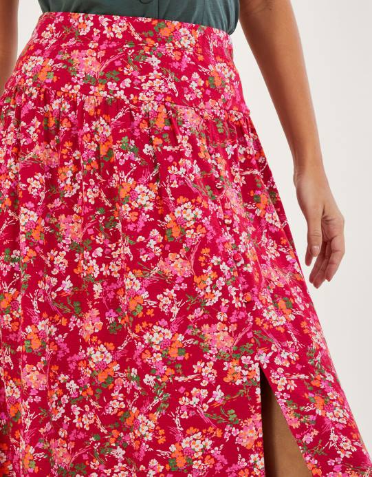 Monsoon نحيف تنورة بطبعات زهور من مزيج الكتان D68H261 ملابس أحمر