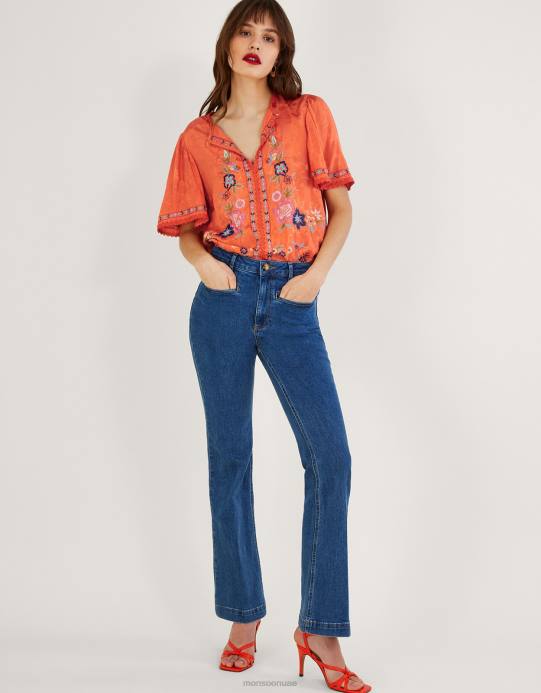 Monsoon نحيف بلوزة أوديليا مطرزة بالزهور من الفيسكوز المستدام D68H262 ملابس البرتقالي