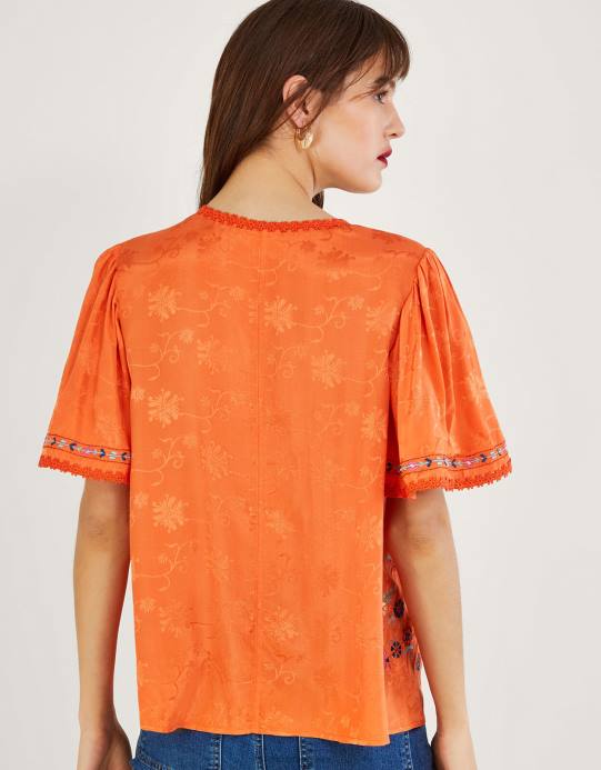 Monsoon نحيف بلوزة أوديليا مطرزة بالزهور من الفيسكوز المستدام D68H262 ملابس البرتقالي