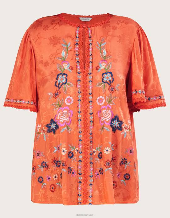 Monsoon نحيف بلوزة أوديليا مطرزة بالزهور من الفيسكوز المستدام D68H262 ملابس البرتقالي