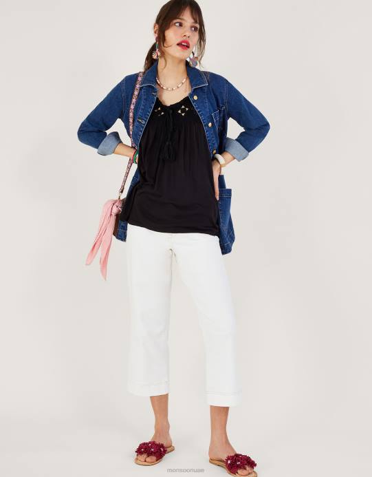 Monsoon نحيف كامي جيرسي مزخرف بالكروشيه D68H266 ملابس أسود