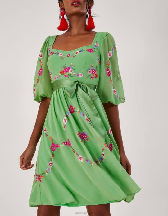 Monsoon نحيف فستان إميليا مطرز بالزهور من البوليستر المعاد تدويره D68H270 ملابس أخضر