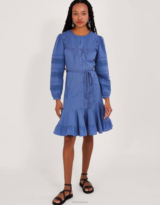 Monsoon نحيف فستان بتفاصيل مطرزة من القطن المستدام D68H276 ملابس أزرق