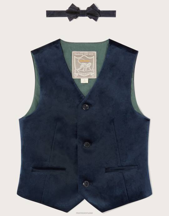 Monsoon ولد طقم صدرية مخملية وربطة عنق D68H2765 ملابس الأزرق الداكن)