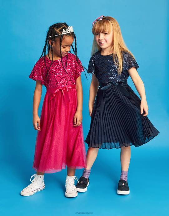 Monsoon أطفال فستان كيتا بأكمام كيب مزين بالترتر الماسي D68H2775 ملابس الأزرق الداكن)