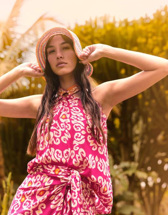 Monsoon نحيف بلوزة كامي بطبعة بانداني بحلقة رسن في لينزينج إيكوفيرو D68H278 ملابس لون القرنفل