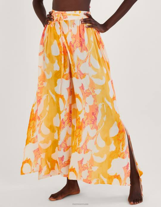 Monsoon نحيف بنطال بطبعة تجريدية وفتحة جانبية D68H2780 ملابس البرتقالي