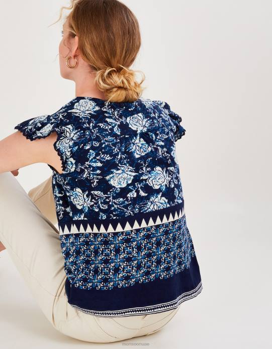 Monsoon نحيف بلوزة جيرسيه بطبعة زهور، مصنوعة من القطن المستدام D68H2781 ملابس الأزرق الداكن)