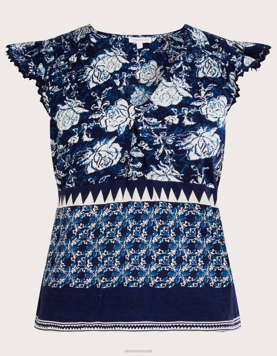 Monsoon نحيف بلوزة جيرسيه بطبعة زهور، مصنوعة من القطن المستدام D68H2781 ملابس الأزرق الداكن)