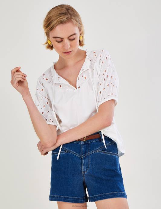 Monsoon نحيف بلوزة جيرسي بأكمام مطرزة من القطن المستدام D68H2785 ملابس عاج