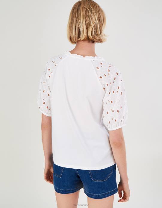 Monsoon نحيف بلوزة جيرسي بأكمام مطرزة من القطن المستدام D68H2785 ملابس عاج