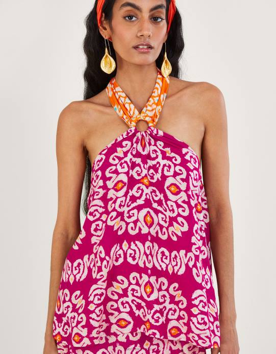 Monsoon نحيف بلوزة كامي بطبعة بانداني بحلقة رسن في لينزينج إيكوفيرو D68H278 ملابس لون القرنفل