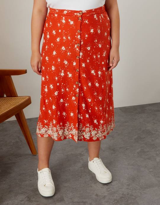 Monsoon نحيف تنورة ميدي بأزرار جانبية من الزهور D68H2790 ملابس أحمر