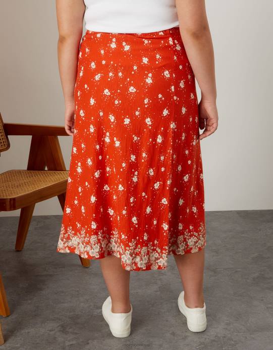 Monsoon نحيف تنورة ميدي بأزرار جانبية من الزهور D68H2790 ملابس أحمر