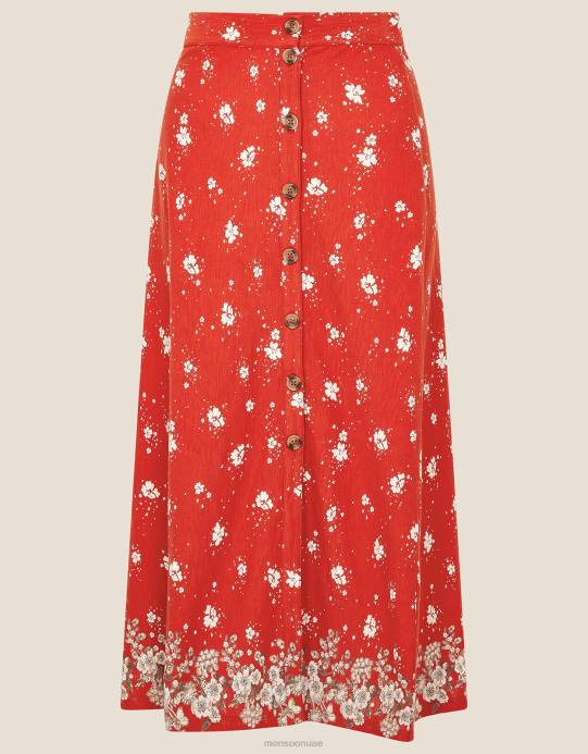 Monsoon نحيف تنورة ميدي بأزرار جانبية من الزهور D68H2790 ملابس أحمر