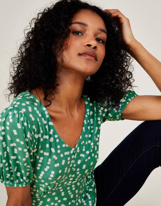 Monsoon نحيف بلوزة جيرسي بأكمام قصيرة منقط D68H2795 ملابس أخضر