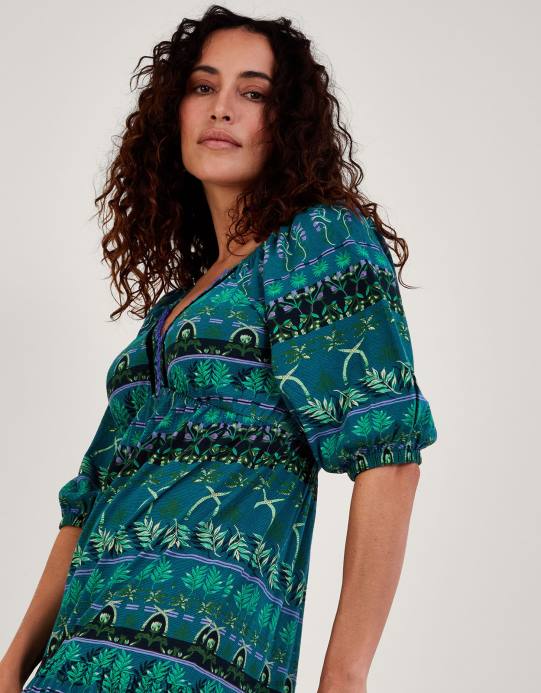 Monsoon نحيف فستان جيرسيه متوسط ​​الطول بطبعات أوراق الشجر من القطن المستدام D68H2804 ملابس أخضر