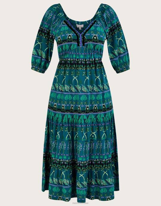 Monsoon نحيف فستان جيرسيه متوسط ​​الطول بطبعات أوراق الشجر من القطن المستدام D68H2804 ملابس أخضر