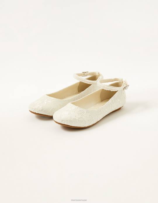 Monsoon بنت أحذية راقصة الباليه المسطحة من الدانتيل واللؤلؤ D68H2812 أحذية عاج