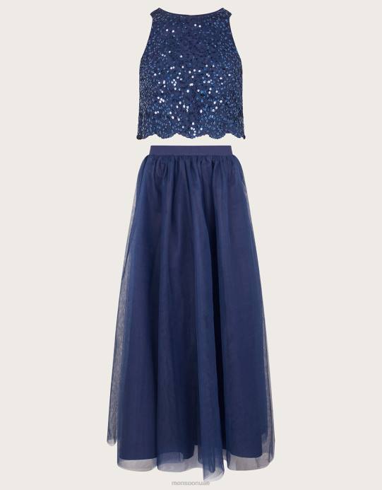 Monsoon بنت مجموعة من الترتر العلوي وتنورة ماكسي من التول للحفلات الراقصة D68H2813 ملابس الأزرق الداكن)