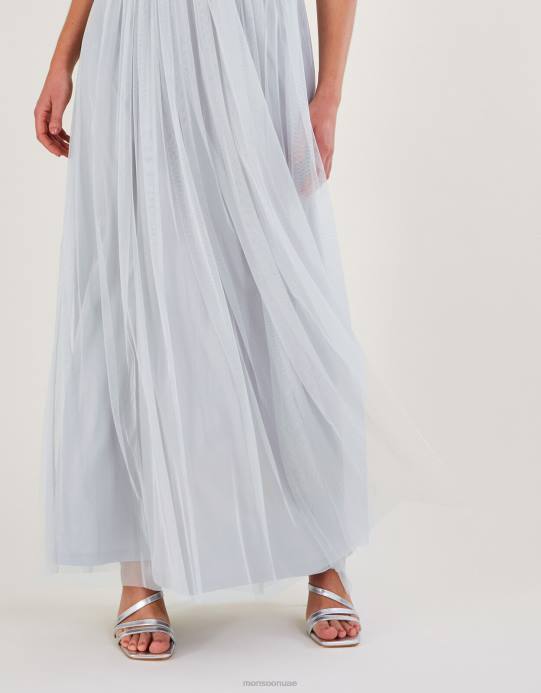 Monsoon نحيف فستان آني طويل منسوج من البوليستر المعاد تدويره D68H283 ملابس فضة