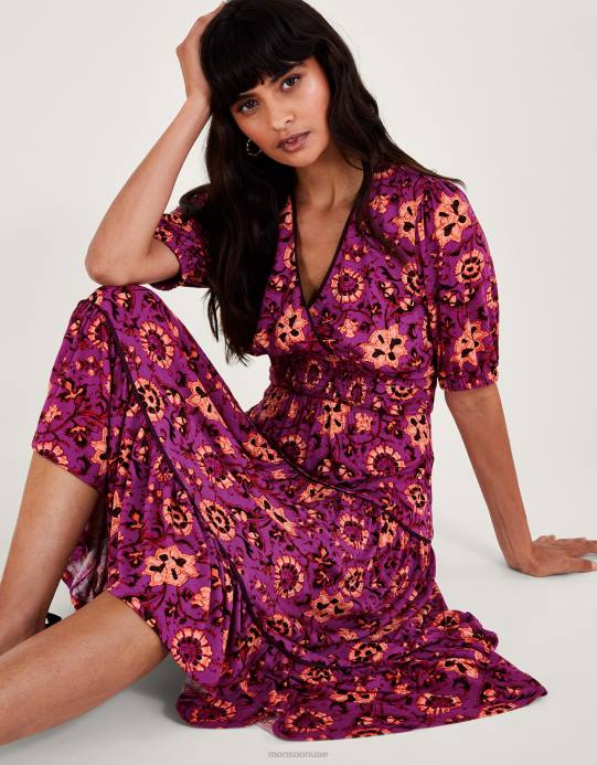 Monsoon نحيف فستان فيفي ميدي مزين بالزهور D68H285 ملابس لون القرنفل