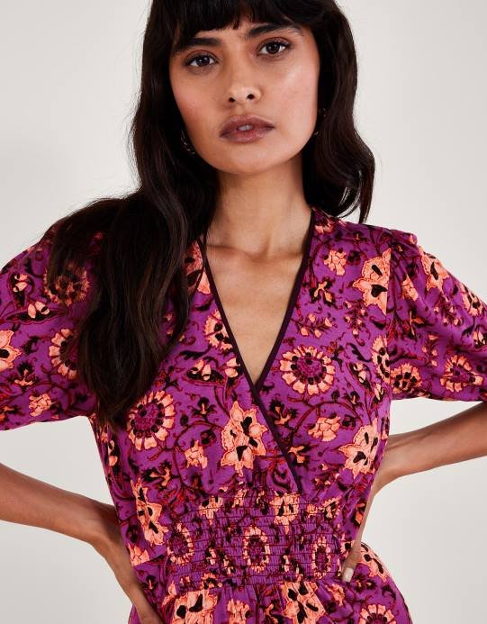 Monsoon نحيف فستان فيفي ميدي مزين بالزهور D68H285 ملابس لون القرنفل