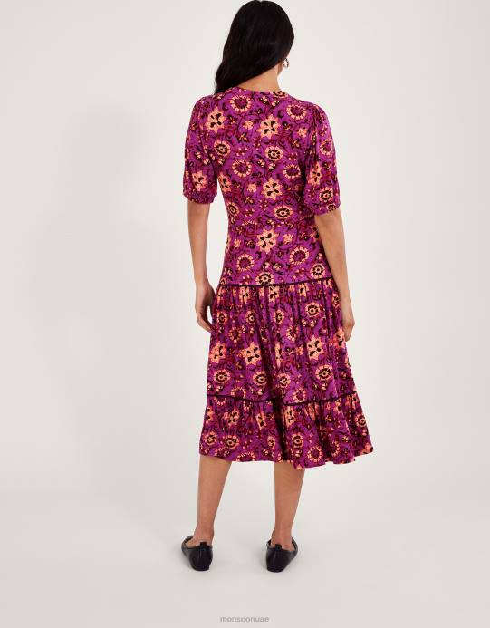 Monsoon نحيف فستان فيفي ميدي مزين بالزهور D68H285 ملابس لون القرنفل