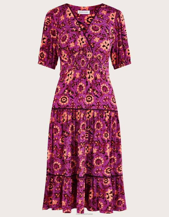 Monsoon نحيف فستان فيفي ميدي مزين بالزهور D68H285 ملابس لون القرنفل