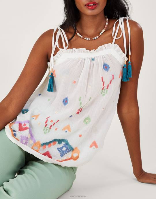 Monsoon نحيف كامي مطرز هندسي تجريدي D68H287 ملابس أبيض