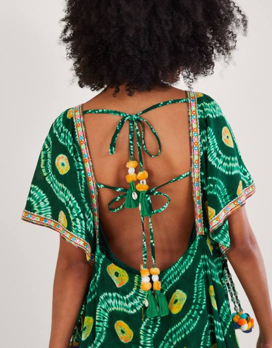 Monsoon نحيف فستان بانداني مصبوغ مع لينزينج إيكوفيرو D68H289 ملابس أخضر