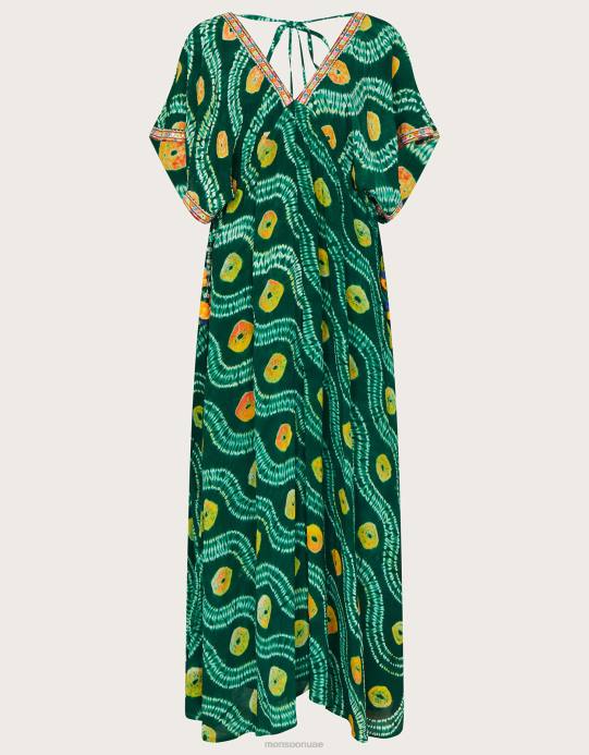 Monsoon نحيف فستان بانداني مصبوغ مع لينزينج إيكوفيرو D68H289 ملابس أخضر