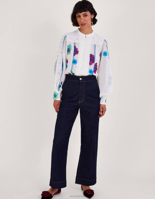 Monsoon نحيف بلوزة لورين دانتيل مطرزة من البوليستر المعاد تدويره D68H292 ملابس عاج