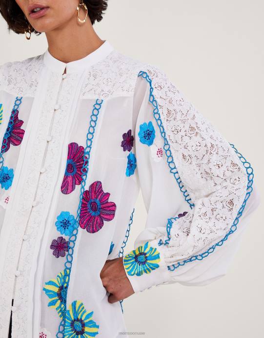Monsoon نحيف بلوزة لورين دانتيل مطرزة من البوليستر المعاد تدويره D68H292 ملابس عاج