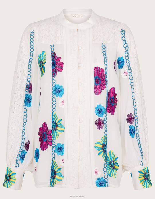 Monsoon نحيف بلوزة لورين دانتيل مطرزة من البوليستر المعاد تدويره D68H292 ملابس عاج