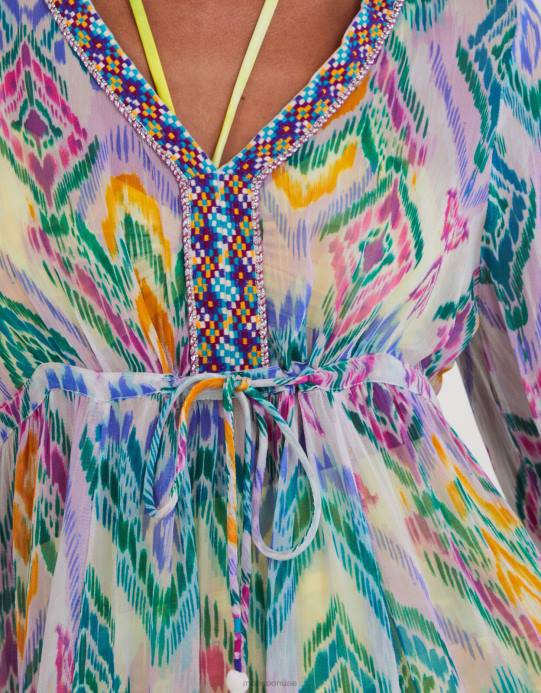 Monsoon نحيف فستان قفطان بطبعات قوس قزح إيكات في لينزينغ إيكوفيرو D68H293 ملابس لون القرنفل