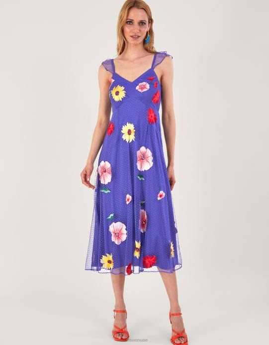 Monsoon نحيف فستان ميكايلا ميدي مزين بالزهور D68H29 ملابس أزرق