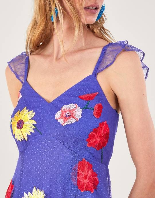 Monsoon نحيف فستان ميكايلا ميدي مزين بالزهور D68H29 ملابس أزرق